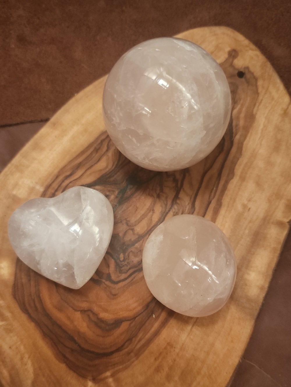 (3pc) Rose Quartz Sphere, Heart & Palm Stone Set